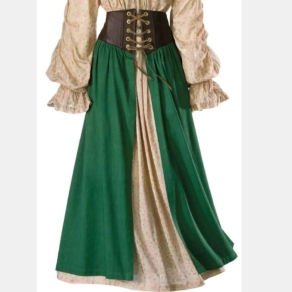 The Pyramid Collection Green Cotton Leather Corset Cincher Long Skirt S